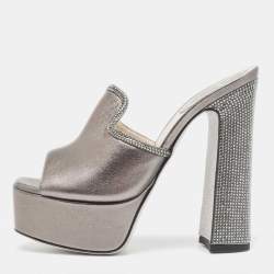 René Caovilla Silver Leather Wedge Sandals Size 36