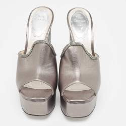 René Caovilla Silver Leather Wedge Sandals Size 36
