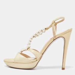 مملوكة مسبقًا Rene Caovilla Beige Canvas Pearl T Strap Sandals Size 37