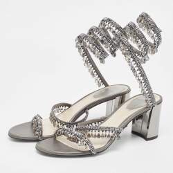 Rene Caovilla Metallic Grey Leather Cleo Chandelier Ankle Wrap Sandals Size 39
