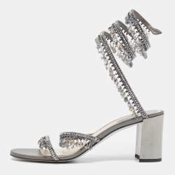 Rene Caovilla Metallic Grey Leather Cleo Chandelier Ankle Wrap Sandals Size 39