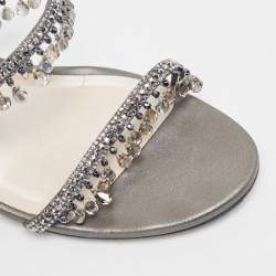 Rene Caovilla Metallic Grey Leather Cleo Chandelier Ankle Wrap Sandals Size 39