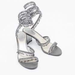 Rene Caovilla Metallic Grey Leather Cleo Chandelier Ankle Wrap Sandals Size 39