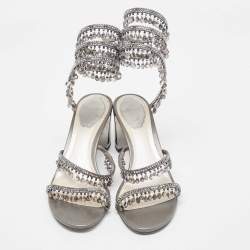 Rene Caovilla Metallic Grey Leather Cleo Chandelier Ankle Wrap Sandals Size 39