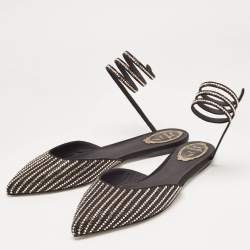 Pre Owned Rene Caovilla Black Satin Crystal Embellished Ankle Wrap Flats Size 41