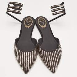 Pre Owned Rene Caovilla Black Satin Crystal Embellished Ankle Wrap Flats Size 41