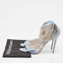 Pre Owned René Caovilla Blue Satin and Crystal Embellished Mesh Galaxia Sandals Size 39