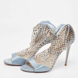 Pre Owned René Caovilla Blue Satin and Crystal Embellished Mesh Galaxia Sandals Size 39