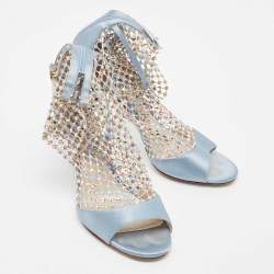 Pre Owned René Caovilla Blue Satin and Crystal Embellished Mesh Galaxia Sandals Size 39