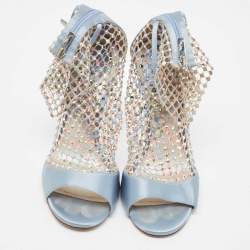 Pre Owned René Caovilla Blue Satin and Crystal Embellished Mesh Galaxia Sandals Size 39