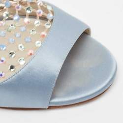 Pre Owned René Caovilla Blue Satin and Crystal Embellished Mesh Galaxia Sandals Size 39