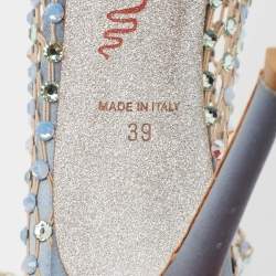 Pre Owned René Caovilla Blue Satin and Crystal Embellished Mesh Galaxia Sandals Size 39