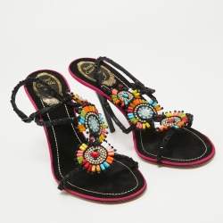 Pre Owned René Caovilla Black Satin Embellished Slingback Sandals Size 39