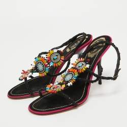 Pre Owned René Caovilla Black Satin Embellished Slingback Sandals Size 39