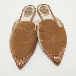René Caovilla Brown Velvet Crystal Embellished Flat Mules Size 39