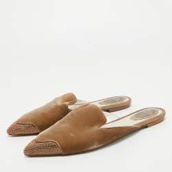 René Caovilla Brown Velvet Crystal Embellished Flat Mules Size 39
