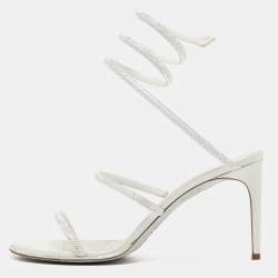 Pre Owned Rene Caovilla White Leather Crystal Embellished Ankle Wrap Sandals Size 41