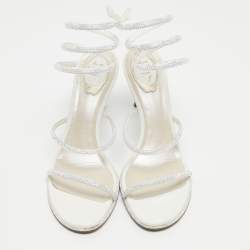 Pre Owned Rene Caovilla White Leather Crystal Embellished Ankle Wrap Sandals Size 41