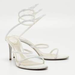 Pre Owned Rene Caovilla White Leather Crystal Embellished Ankle Wrap Sandals Size 41