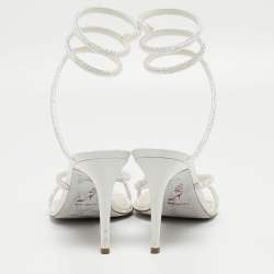 Pre Owned Rene Caovilla White Leather Crystal Embellished Ankle Wrap Sandals Size 41
