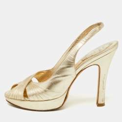 René Caovilla Gold Pleated Leather Cross Strap Slingback Sandals Size 39