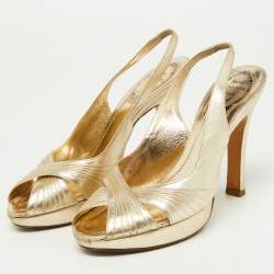 René Caovilla Gold Pleated Leather Cross Strap Slingback Sandals Size 39