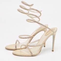 Pre Owned René Caovilla Gold Leather Crystal Embellished Cleo Ankle Strap Sandals Size 41