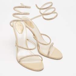 Pre Owned René Caovilla Gold Leather Crystal Embellished Cleo Ankle Strap Sandals Size 41