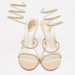 Pre Owned René Caovilla Gold Leather Crystal Embellished Cleo Ankle Strap Sandals Size 41