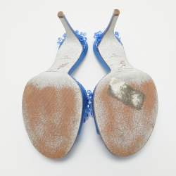 René Caovilla Blue Satin Crystal Embellished Slide Sandals Size 37