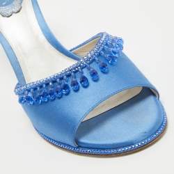 René Caovilla Blue Satin Crystal Embellished Slide Sandals Size 37