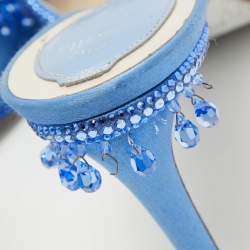 René Caovilla Blue Satin Crystal Embellished Slide Sandals Size 37