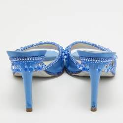 René Caovilla Blue Satin Crystal Embellished Slide Sandals Size 37