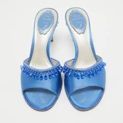 René Caovilla Blue Satin Crystal Embellished Slide Sandals Size 37