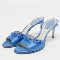 René Caovilla Blue Satin Crystal Embellished Slide Sandals Size 37