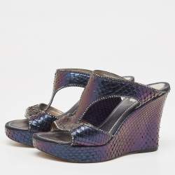 René Caovilla Metallic Python Crystal Embellished Wedge Sandals Size 37