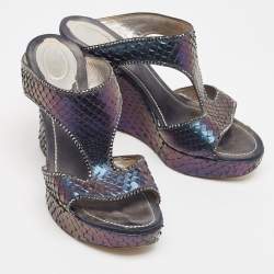 René Caovilla Metallic Python Crystal Embellished Wedge Sandals Size 37