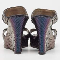 René Caovilla Metallic Python Crystal Embellished Wedge Sandals Size 37