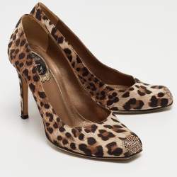 Pre Owned René Caovilla Brown/Beige Satin Crystal Embellished Pumps Size 37