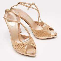 Pre Owned René Caovilla Metallic Gold Fabric Ankle Strap Sandals Size 37.5