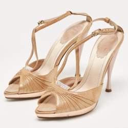 Pre Owned René Caovilla Metallic Gold Fabric Ankle Strap Sandals Size 37.5