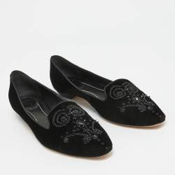 Pre Owned René Caovilla Black Velvet Crystal Embellished Slip On Smoking Slippers Size 41