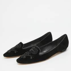 Pre Owned René Caovilla Black Velvet Crystal Embellished Slip On Smoking Slippers Size 41