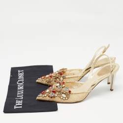 Pre Owned René Caovilla Cream  Lace and Leather Crystal Embellished Slingback Pumps Size 39