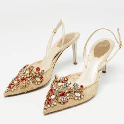 Pre Owned René Caovilla Cream  Lace and Leather Crystal Embellished Slingback Pumps Size 39