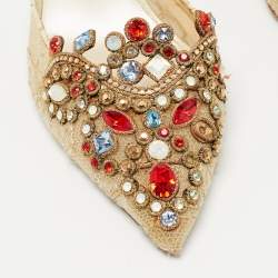 Pre Owned René Caovilla Cream  Lace and Leather Crystal Embellished Slingback Pumps Size 39