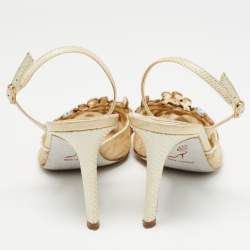 Pre Owned René Caovilla Cream  Lace and Leather Crystal Embellished Slingback Pumps Size 39