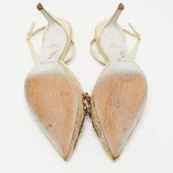 Pre Owned René Caovilla Cream  Lace and Leather Crystal Embellished Slingback Pumps Size 39