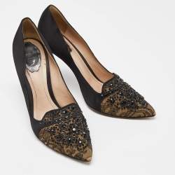 René Caovilla Black Satin and Lace Crystal Embellished Pumps Size 41.5