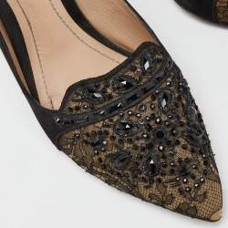René Caovilla Black Satin and Lace Crystal Embellished Pumps Size 41.5